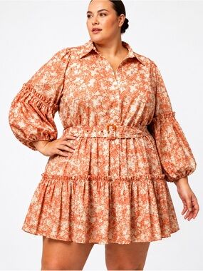 Anthropologie Lusana Plus-Size Orange Paisley Tiered Shirt Mini Dress with Belt